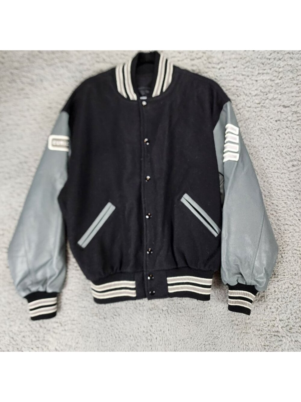 TM Athletics Jacket Mens Medium Black Leather Wool Full Snap Varsity *Read*